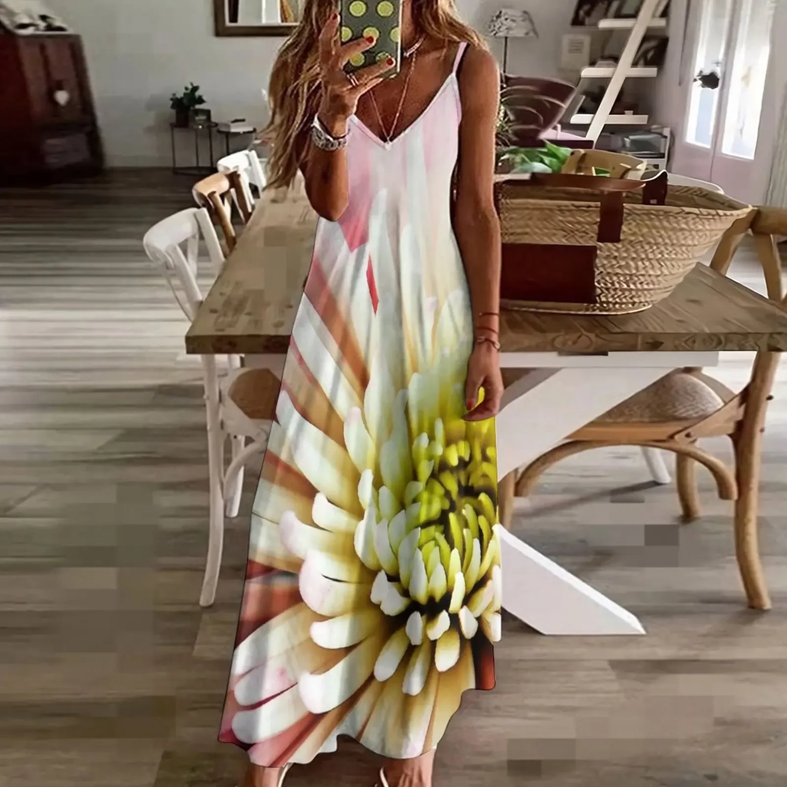 여성을위한 피는 국화 꽃 민소매 드레스 해변 의상 여성 드레스 드레스