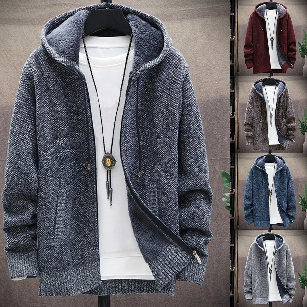 

Men Autumn Winter Warm Knitted Sweater Cardigan Hoodie Coat Jacket Sweatshirt Thick Fleece Lined Long Sleeve