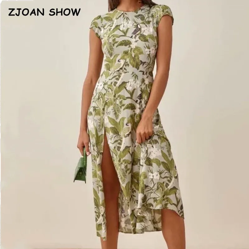 

Retro French style Short Sleeve Green Leaves Floral Print Backless Dress Woman Hollow Out Back Hem Slit Midi Long Holiday Robe