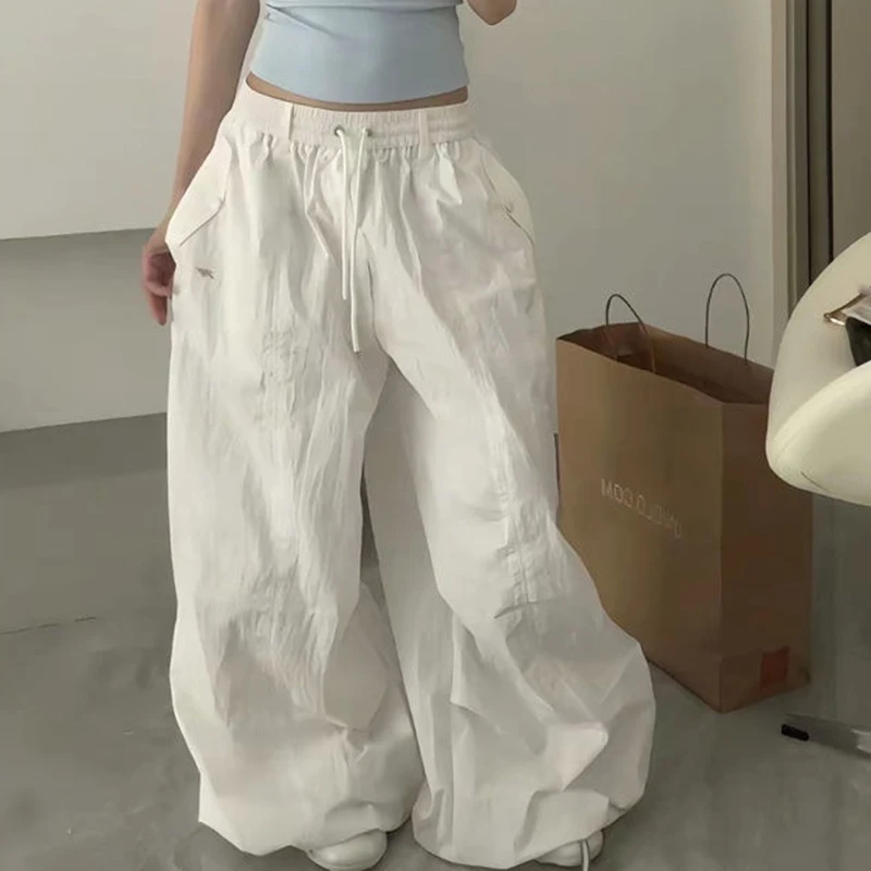 سريعة الجافة تنفس بنطال ذو قصة أرجل واسعة النساء الأبيض الجاز الهيب هوب السراويل الأمريكية فضفاضة كسول Harajuku Y2K بناطيل الشارع غير رسمية