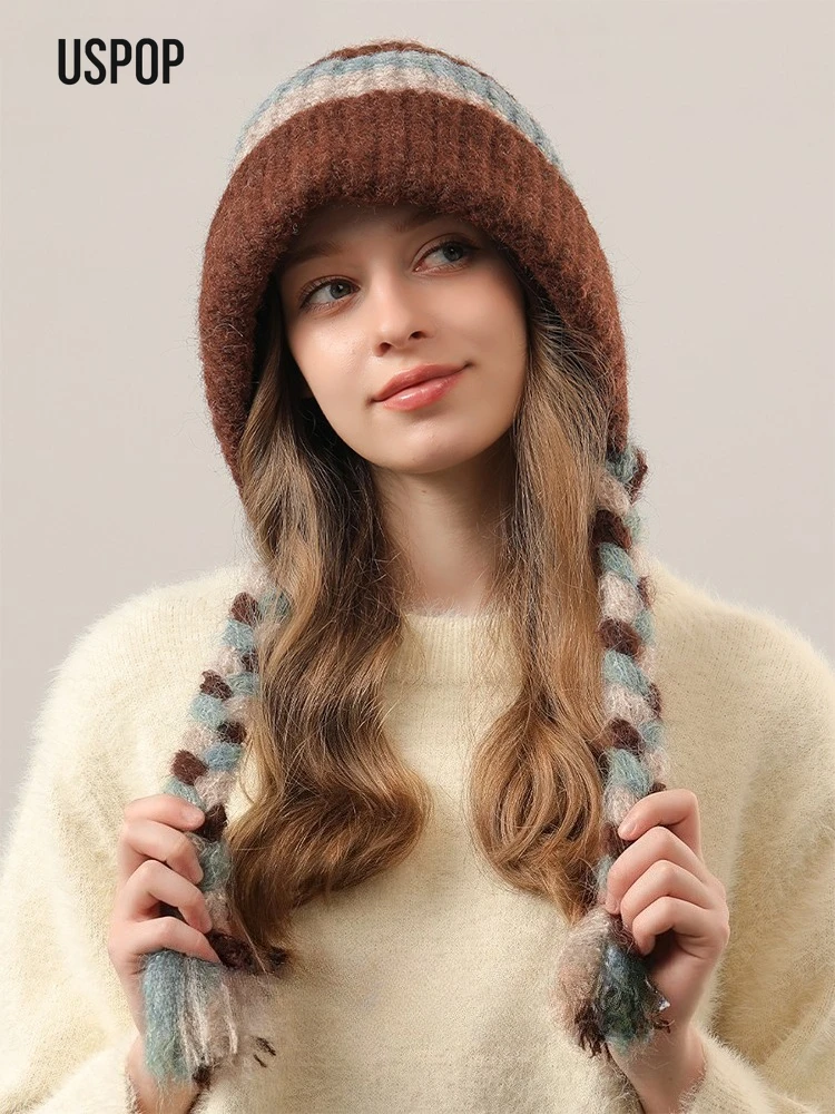 

USPOP Color Block Braided Knit Beanie with Ear Protection Cozy Winter Hat for Women