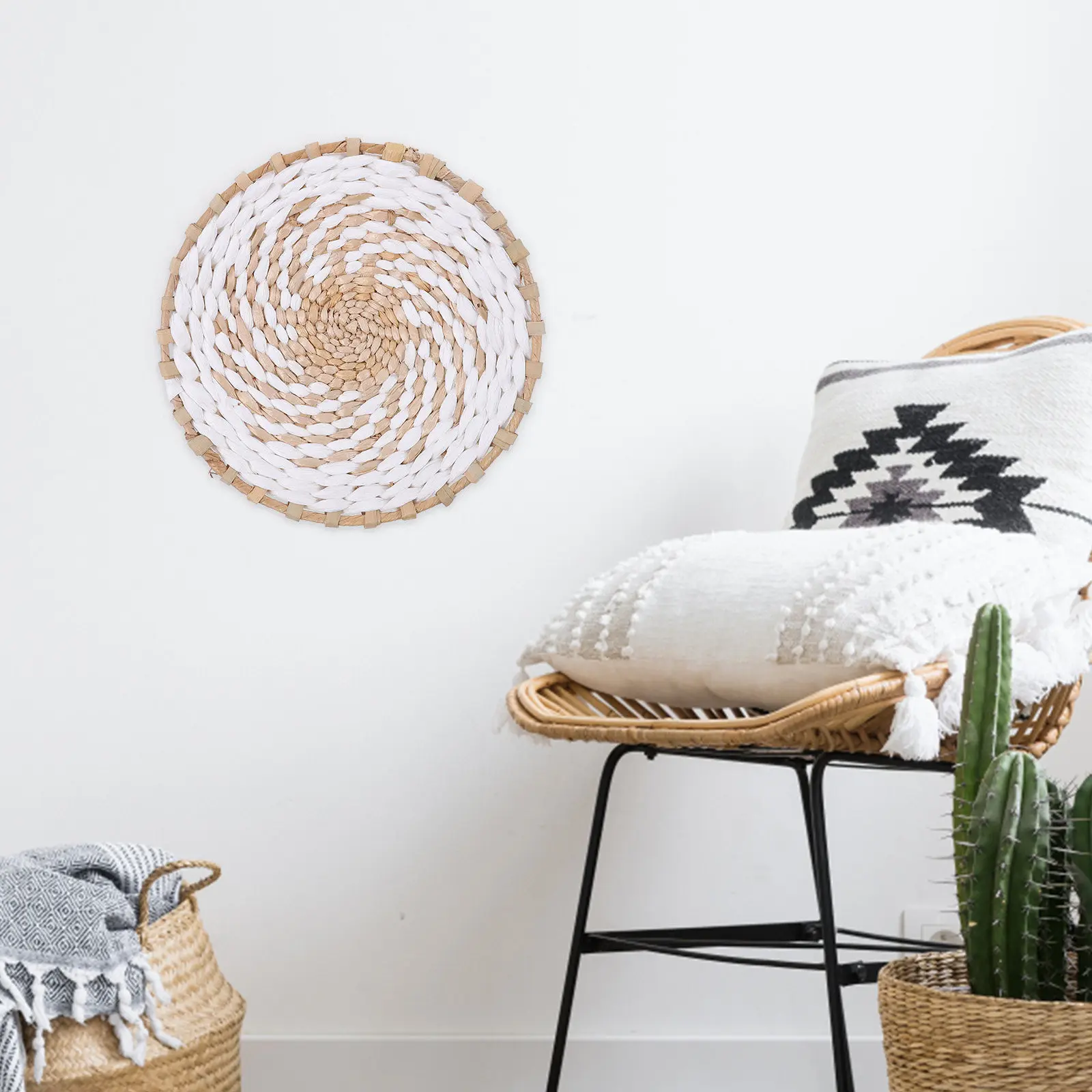 Bohemia Style Woven Wall Hanging Basket Decor Round Flat Wall Art Ornament for Home Room Balcony Bedroom Decoration view 4