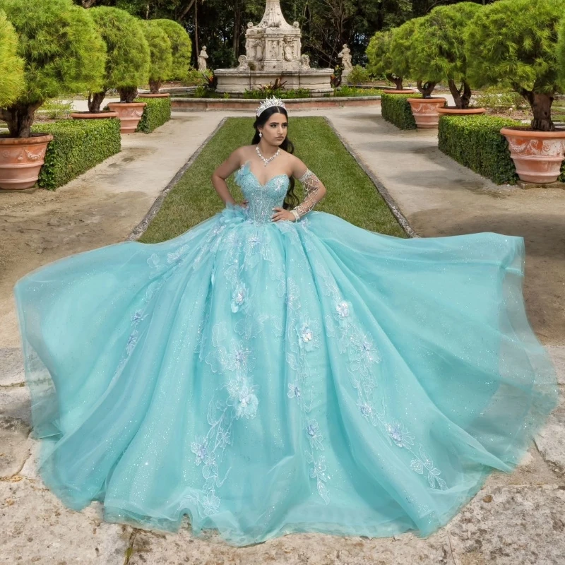 Water Blue Shiny Princess Quinceanera Dresses Off Shoulder Lace Appliques Crystal Tull Ball Gown Sweet 16 Dresses Vestidos De 15