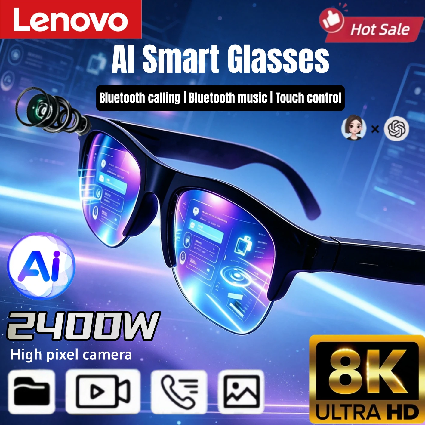 Lenovo AI Smart Glasses 2400W Pixel 8K HD Remote Control Touch Voice Translation Bluetooth Call Video Recording Music Sunglasses