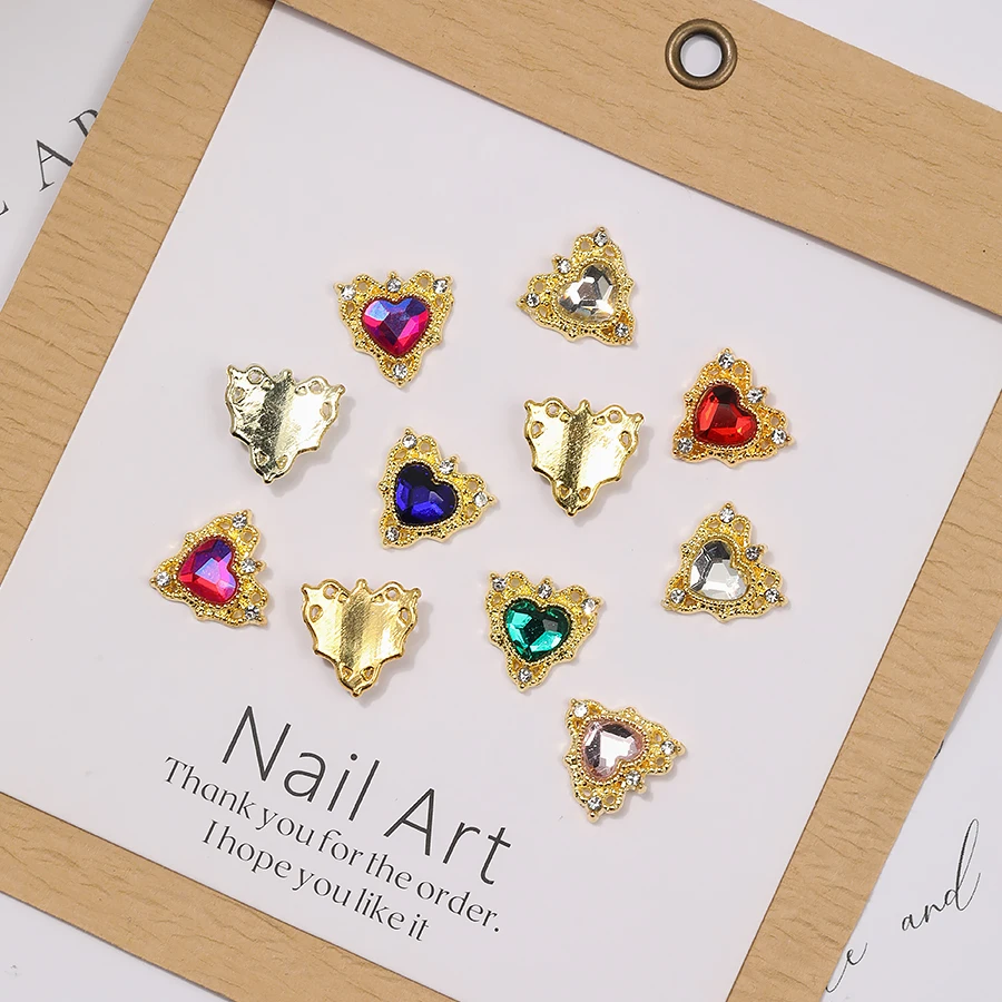 18PCS Luxury 3D Alloy Love Heart Shape Nail Charms Sparkling Multicolor Glass Diamond Light Gold Color Nail Art DIY Decorations