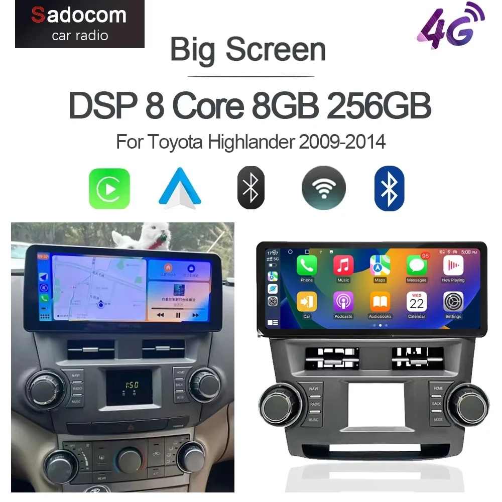 

12,3 "QLED 720P 8G + 256G Carplay Android 14 автомобильный плеер GPS WIFI стерео авторадио навигация для Toyota Highlander 2009-2014