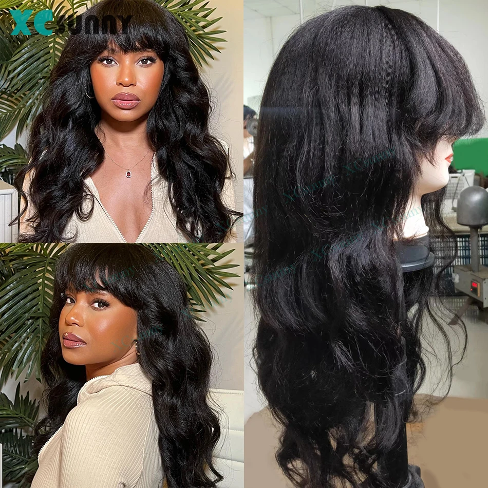 Yaki Wavy Human Hair Wigs With Bangs Remy Brazilian Silk Scalp Top Closure Wig For Women 200 Density Yaki Bang Wig Human Hair