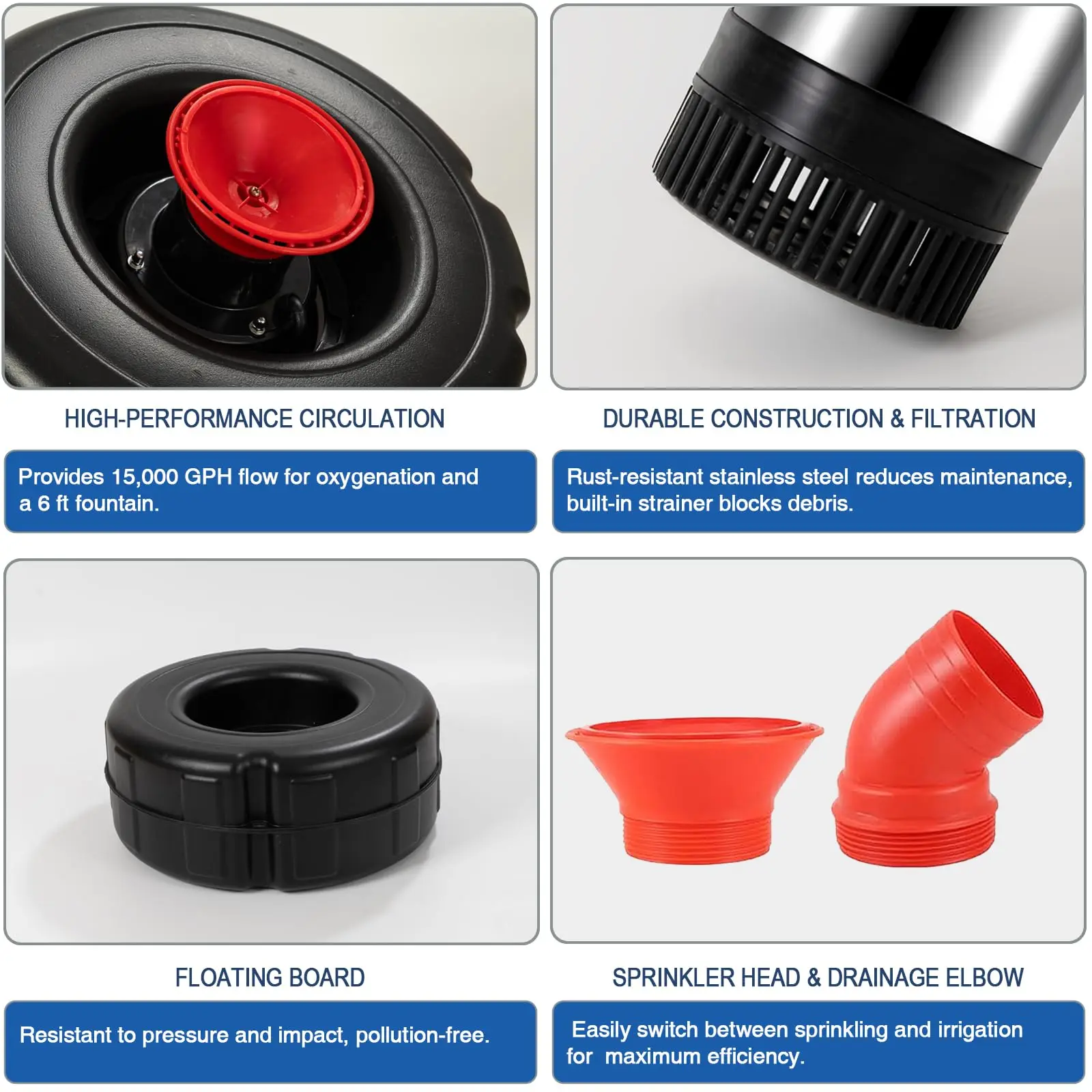 مهوية نافورة وعائمة أوتوماتيكية بالكامل 110 فولت، 750 وات (1 حصان) للبرك والبحيرات الخارجية الكبيرة والصغيرة