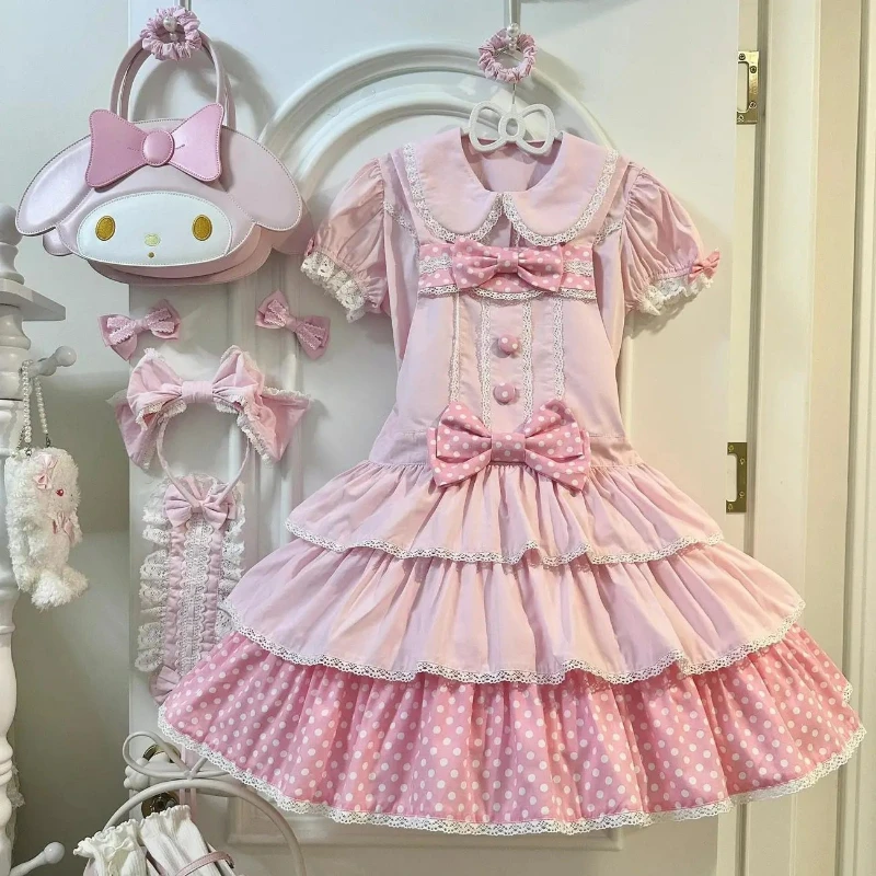 اليابانية Kawaii لوليتا نمط فستان مجموعة المرأة الحلو بيتر بان طوق نفخة الأكمام قمصان القوس حزام فساتين Y2k قطعتين مجموعات 2025 #6