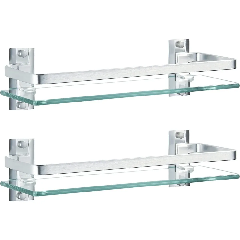 

2 Pack Bathroom Glass Shelf,15.7 Inches Silver Bathroom Shower Glass Shelf Wall-Mounted, Metal Storage Floating Kitchen Shelf