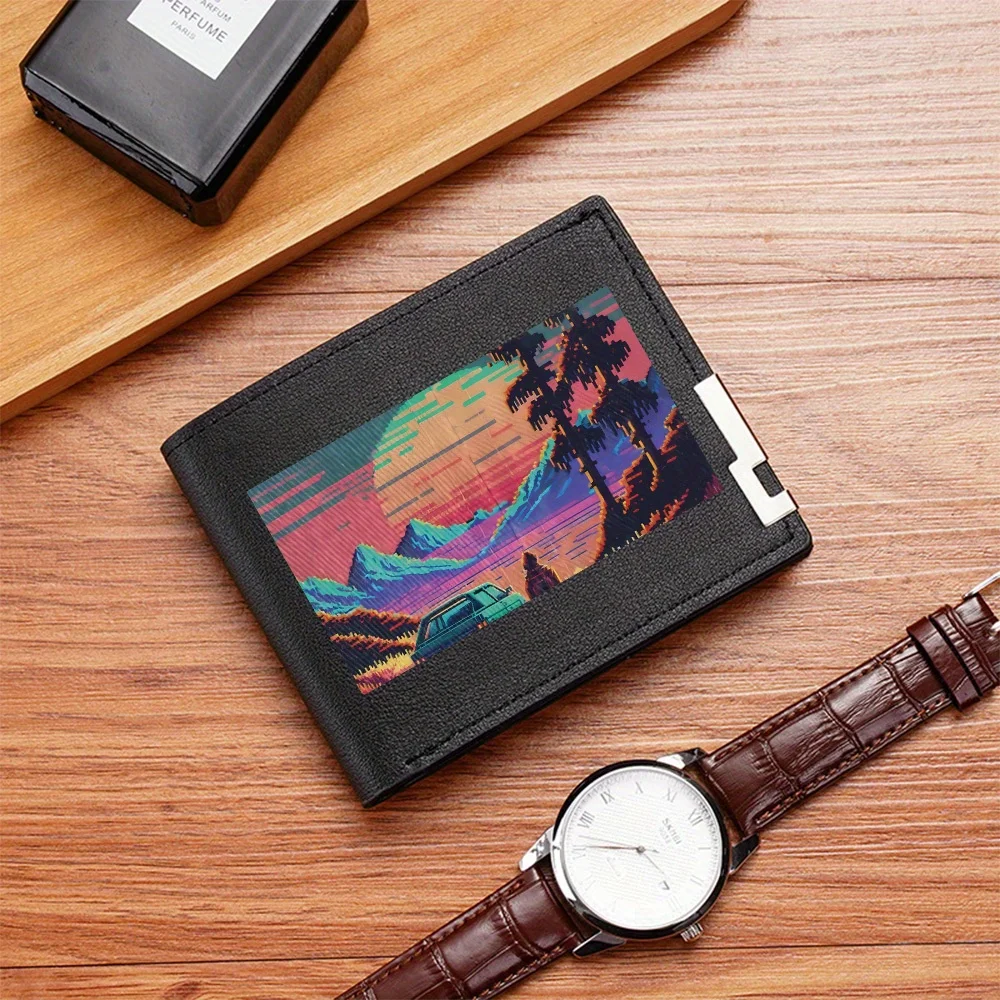 Mountains sunset car silhouette person trees Men's Wallet Printing Design Simple Modern Stylish Business Father's Boyfriend's Ch