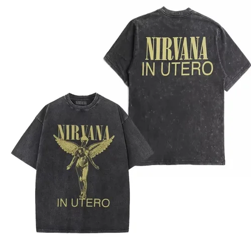 Imagen 2 del producto Camiseta con estampado gráfico de banda de Rock de Nirvana, camiseta Retro de algodón lavada en Utero Album, camiseta de gran tamaño Y2K Distress Harajuku para hombre y mujer