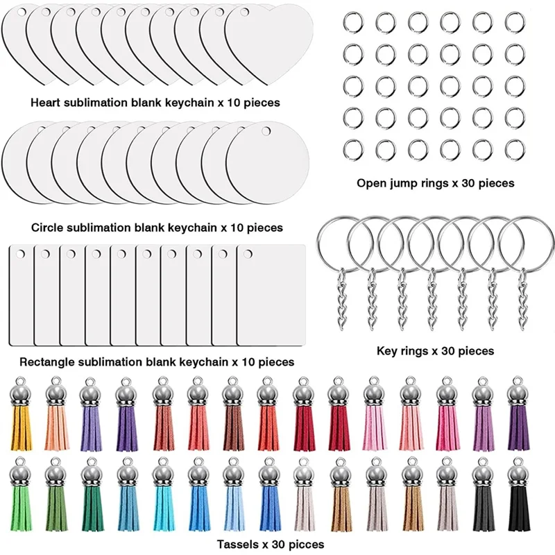Sublimation Key Ring Blanks Set with Heat Transfer MDF Blank 3 Shapes T els Pendant Jump Rings Key Ring with Chain