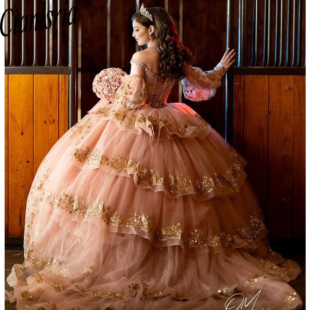 

Роскошное розовое кисейное платье Quinceanera с длинным рукавом, милое платье для выпускного вечера 15 16, одежда для конкурса, платья XV лет