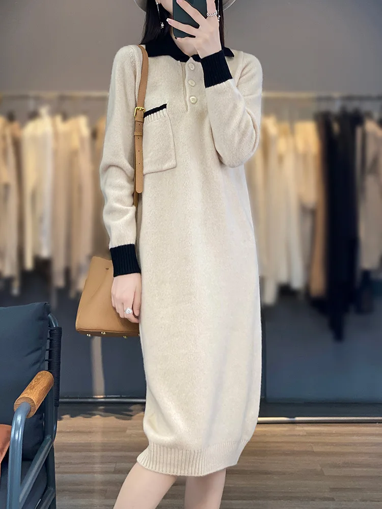 

New Women Long Sweater Dress 100% Merino Wool Dress Autumn Winter Polo Collar Knitwear High Quality Poket Popular Cashmere Dress