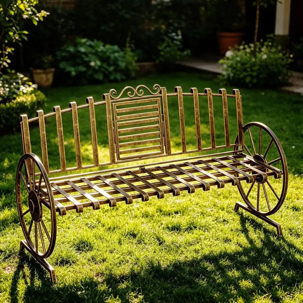 3-Person Patio Garden Bench with Wagon Wheel Arms and Built-in Table, Bronze Finish