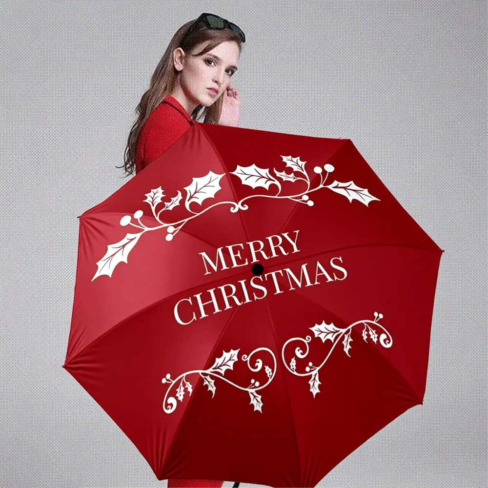 Red Christmas Design with White Holly and Merry Christmas Text ,Portable Folding Umbrella, Gift for Family Friends