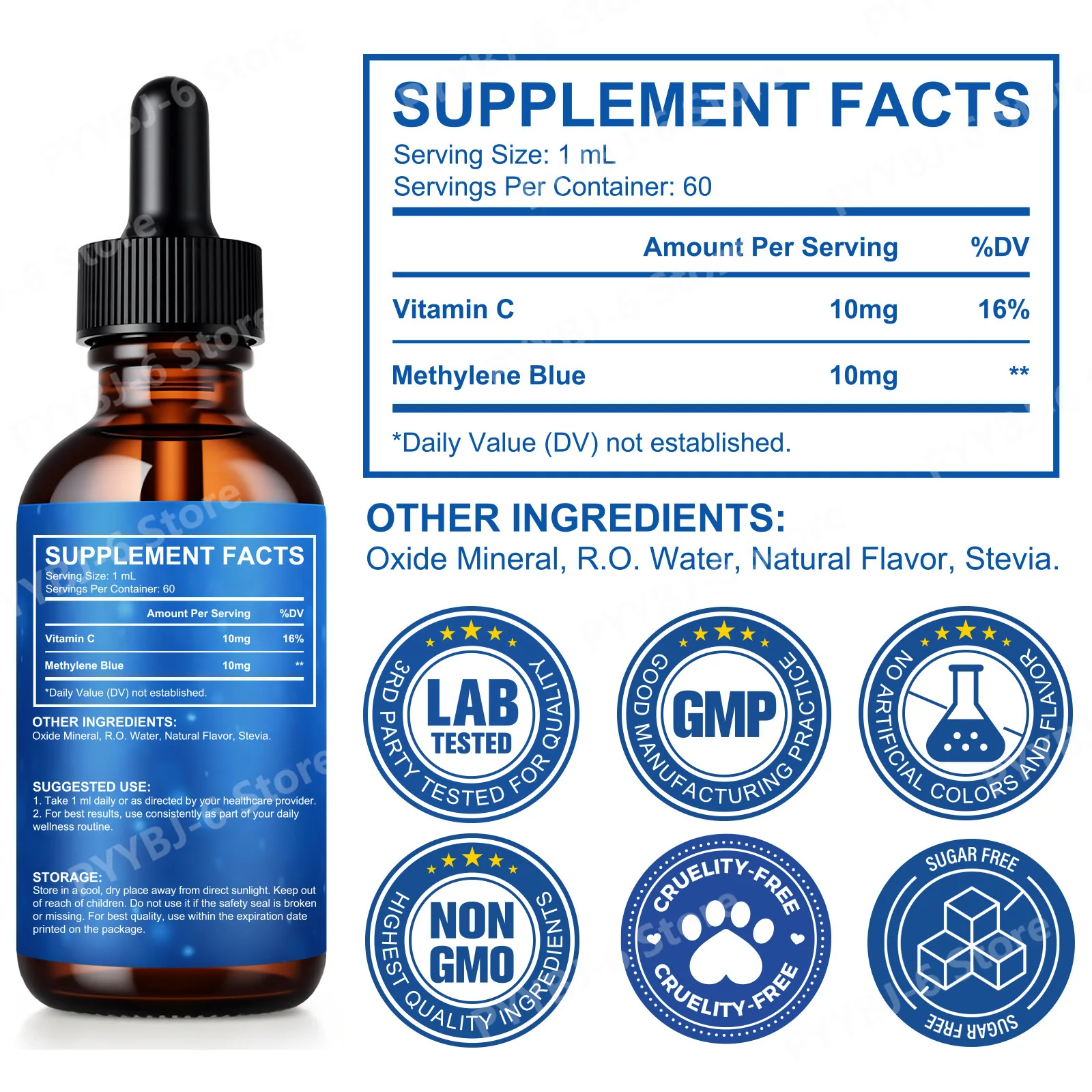 OneBtanicl Methylene Blue + Vitamin C Liquid 60ml Supports Cognitive Function Enhances Cellular Energy 60 Servings