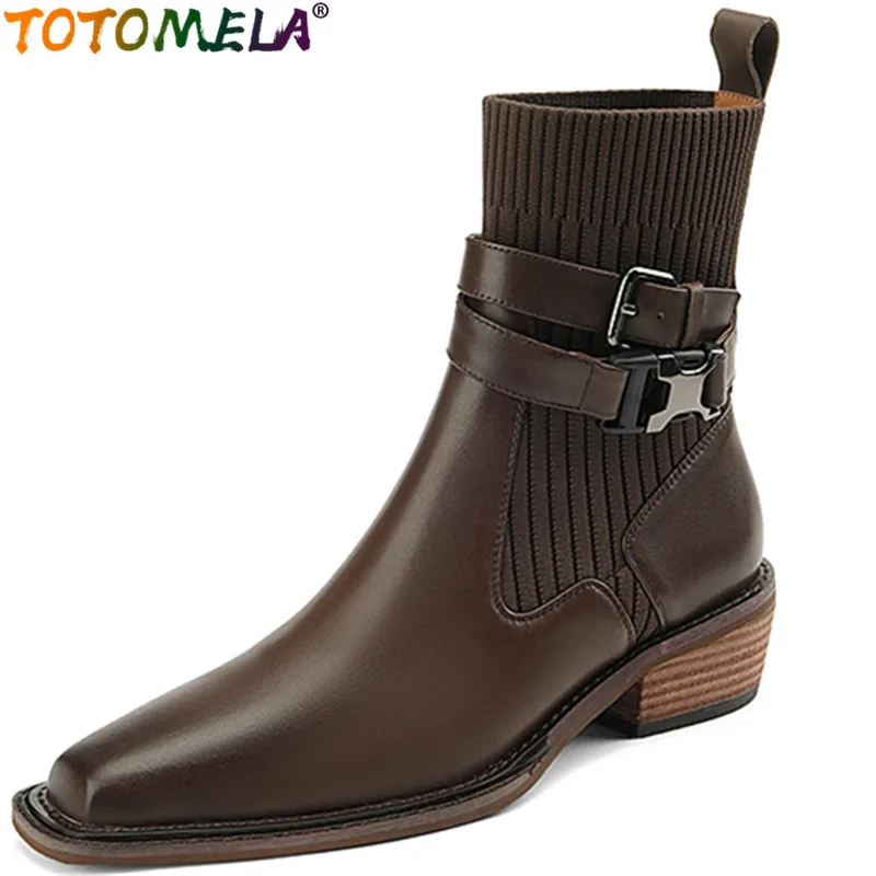 

TOTOMELA 2022 New Arrive Buckle Ankle Sock Boots Genuine Leather Women Boots Vintage Winter Thick Med Heels Shoes