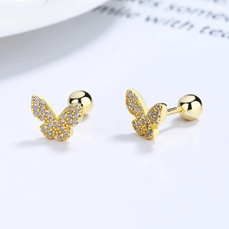 Trustdavis Real 925 Sterling Silver Insect Butterfly Shiny CZ Beads Screw Stud Earrings For Women Wedding Fine Jewelry DA2250