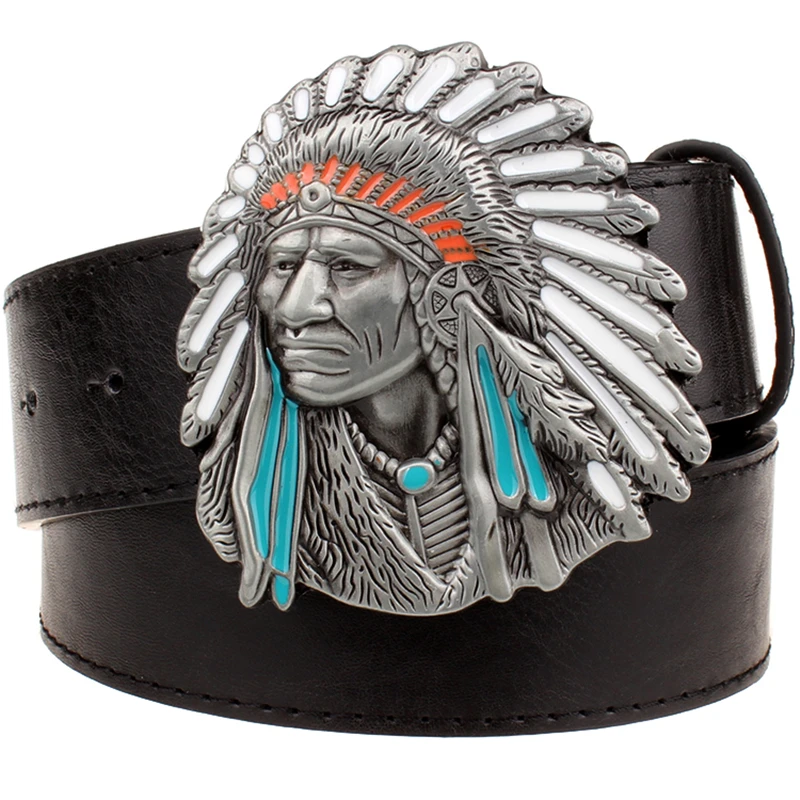 Fashion Men Belt Indian Chief Sign Metal Buckle Man Punk Rock Style  Native American Head Men\'s Lleather Waistband Hip Hop Girdl