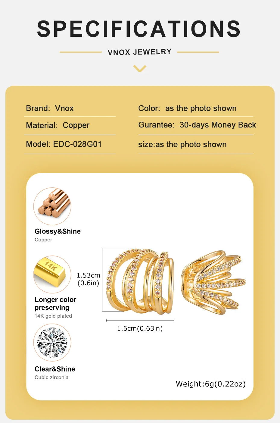 Vnox Clip-On-Ohrringe mit mehrschichtigen Kristallen für Damen, vergoldete Zirkonia-Ohrringe in C-Form, hypoallergen, nicht durchdringender Schmuck – Detail 4