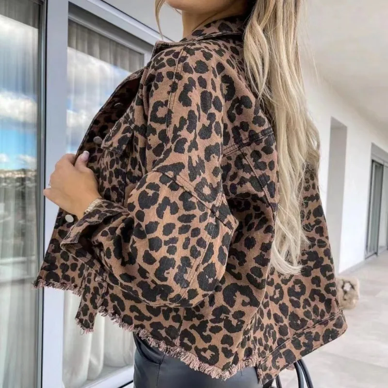 Leopard Print Denim Jacket Lapel Long Sleeve Raw Hem Loose Cropped Women Streetwear Casual Trucker Coat 260801