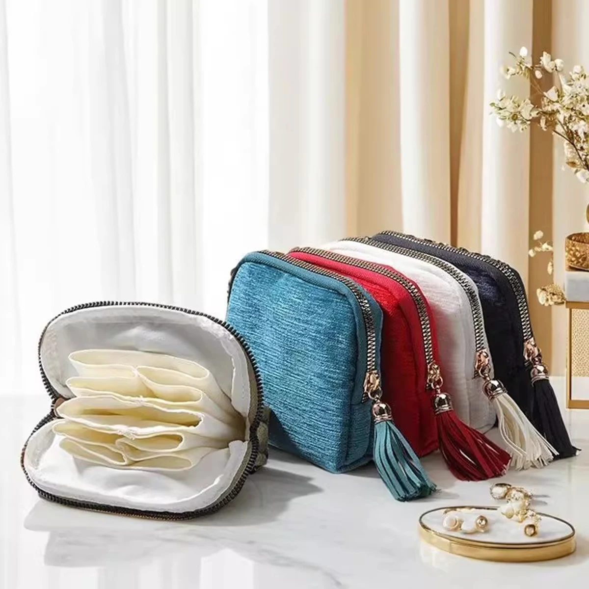 5-Layer Jewelry Storage Bag, Velvet Jewelry Pouch Bags for Watch Bracelet Rings Earring Crystal, Portable Travel Jewelry Case