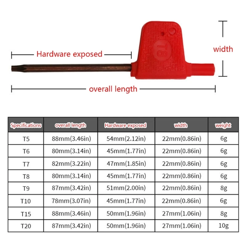 F92C T5-T6 T7 T8 T9 T9 T10 T10 T15-T20 Llave bandera roja en forma ciruela Torx para tornillo tornillo Torx Torx para