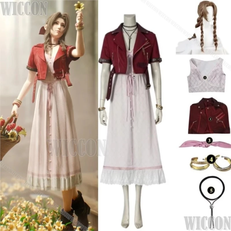 Game FF7 Adult Aerith Gainsborough Cosplay Final Fantasy Remake Halloween Outfit Fancy Women Red Jacket Pink Dress Customized