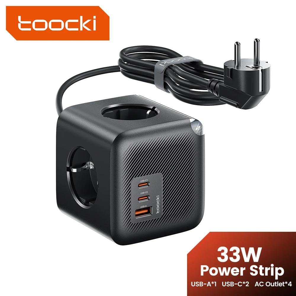 Toocki C28 multiprise 4AC prise 2 Type C 1 Port USB avec câble d'extension de 1.5m prise de terre fusible GaN 33W prise de charge rapide