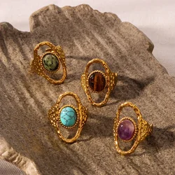 PRISCA | Women Natural Stone Open Ring. Stainless Steel.Charms Hand Jewelry. Adjustable. New