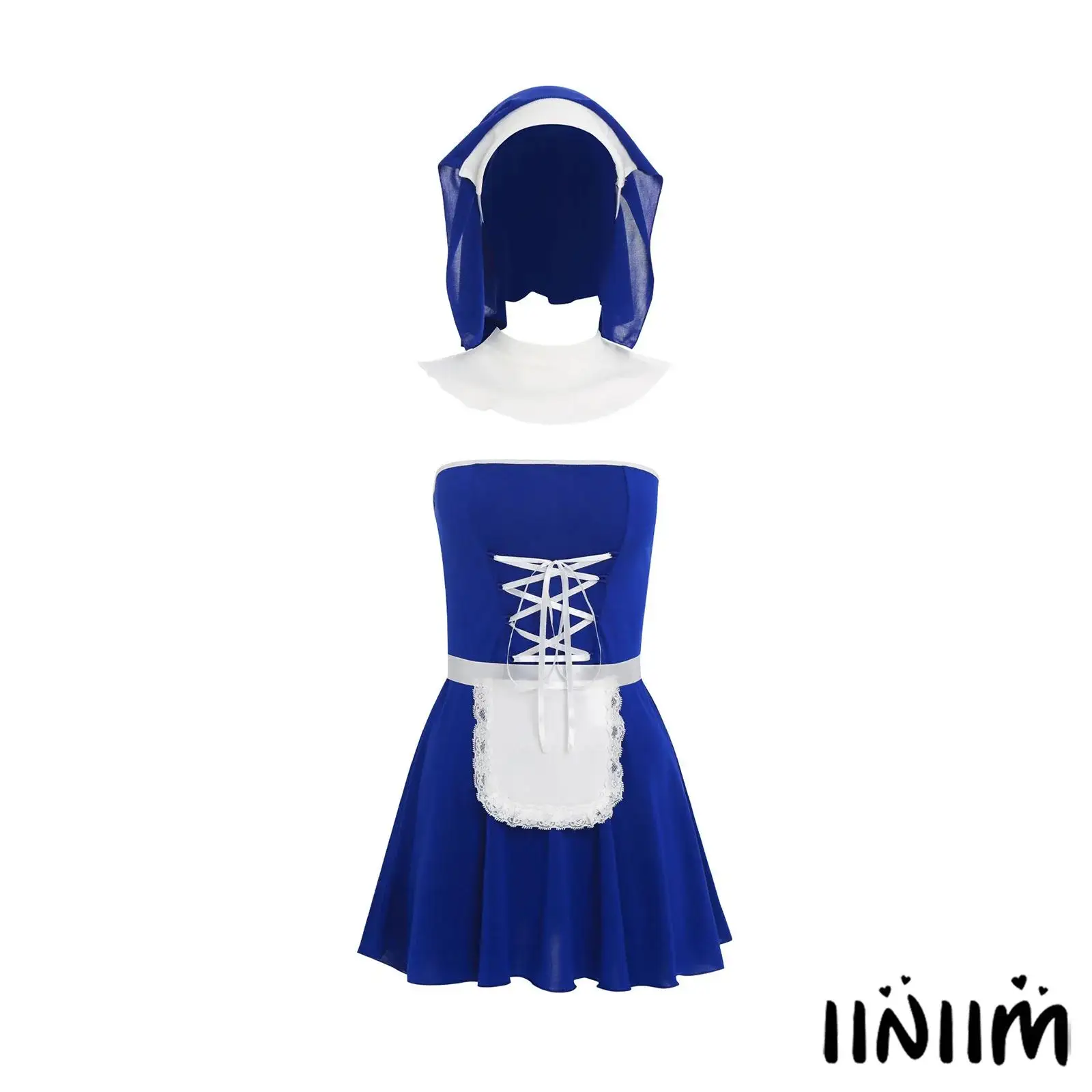 

Halloween Womens 5 Piece Nun Cosplay Strapless Lingerie Dress Thong Apron Headwear Collar for Nightclub Maid Role Play Costume