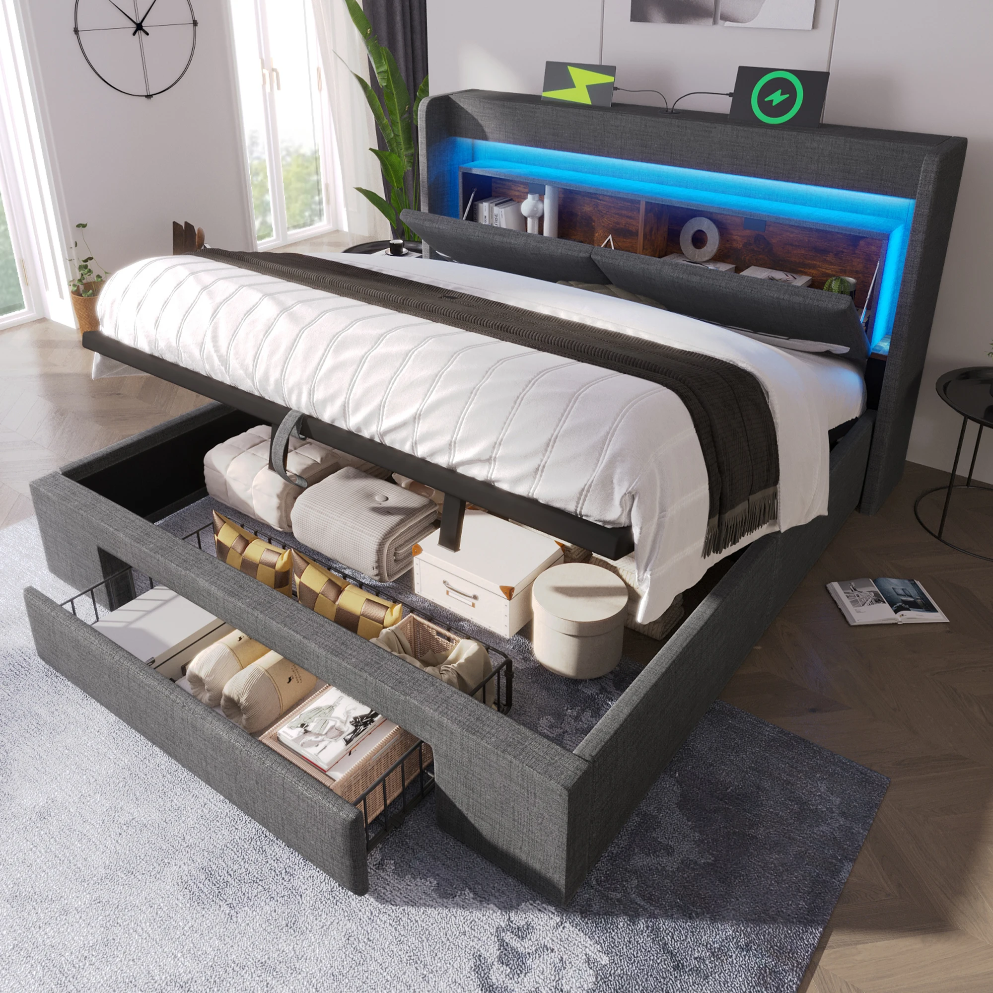 Lit rembourré 180x200 cm avec rangement hydraulique et tête de lit avec compartiment de rangement, éclairage LED et connexion USB et USB-C