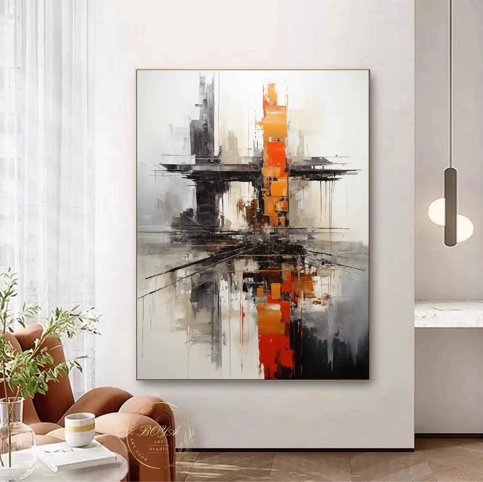 Mhemyo Großes Schwarz-Weißes Abstraktes Handgemaltes Ölgemälde Orange Strukturierte Kunst Original Minimalistische Moderne Wanddekoration für Wohnzimmer