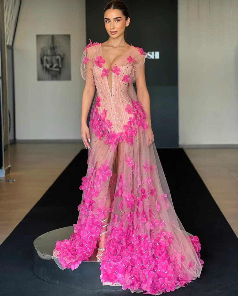 

Розовые платья для выпускного вечера из тюля с цветочным принтом и разрезом из бисера Саудовская Аравия Дубай Robe De Soiree Вечернее платье Haute Couture по индивидуальному заказу