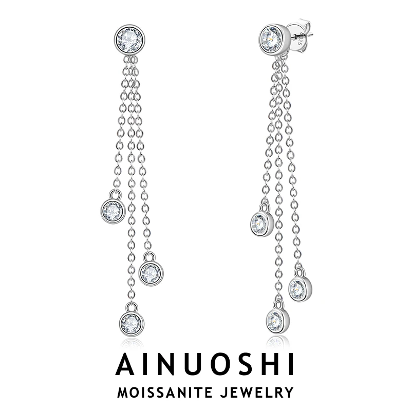

AINUOSHI Exquisite Bezel Moissanite Tassel Chain Dangle Earrings for Women Pierced Ear Drop Earring Jewelry Accessories