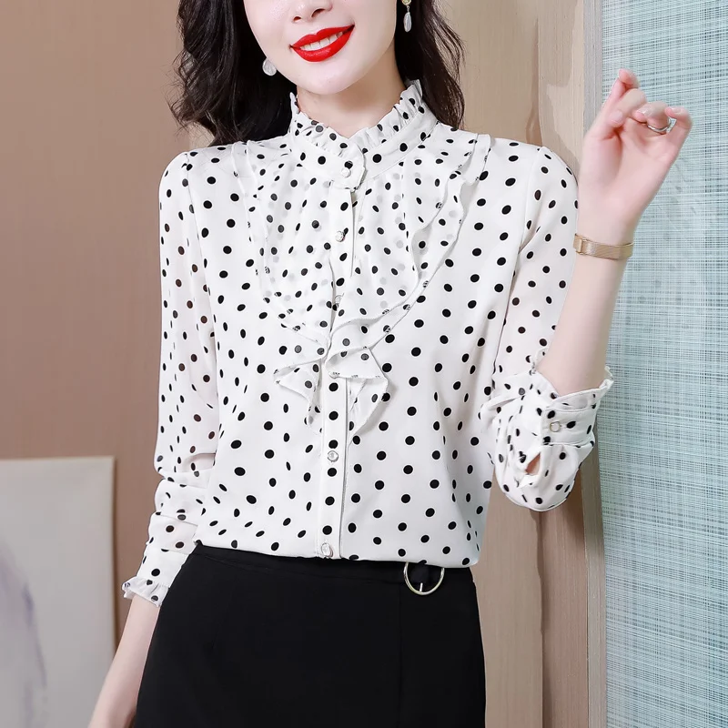 #2545 Polka Dot Printed Chiffon Shirt Women Ruffles Collar Office Shirt Long Sleeve Slim Spliced Ruffles Ladies Tops And Blouses