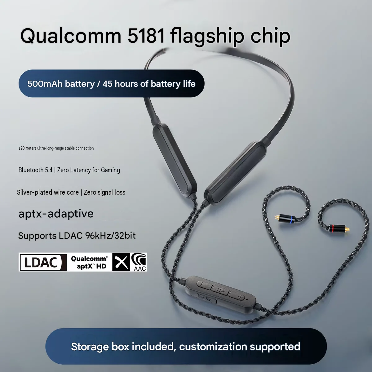QCC5181 Wireless Bluetooth Upgrade Cable, MMCX 0.78 2‑Pin Detachable IEM aptx Bluetooth Wire for KZ Headphones