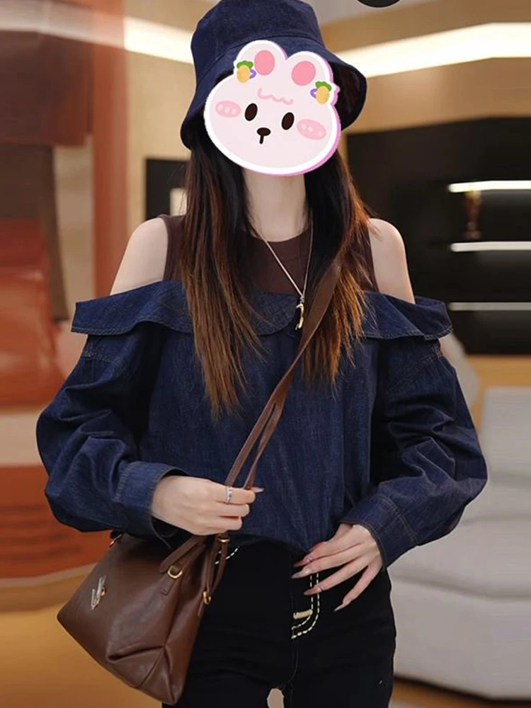 Casual oulder Bared Patchwork Design Sweatirt Women's Faionable Loose Fit Autumn New Sle Age Reducing Versatile Top