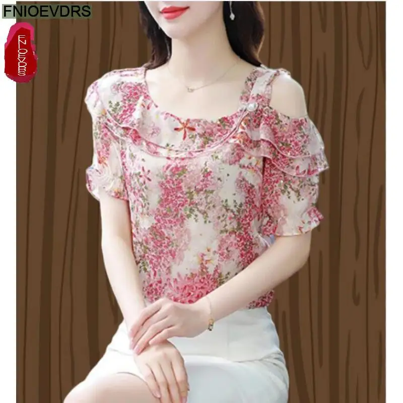 

S-3XL 2023 Women Summer Short Sleeve Elegant Office Lady Work Ruffles Shirt Casual Floral Print Off Shoulder Tops And Blouses