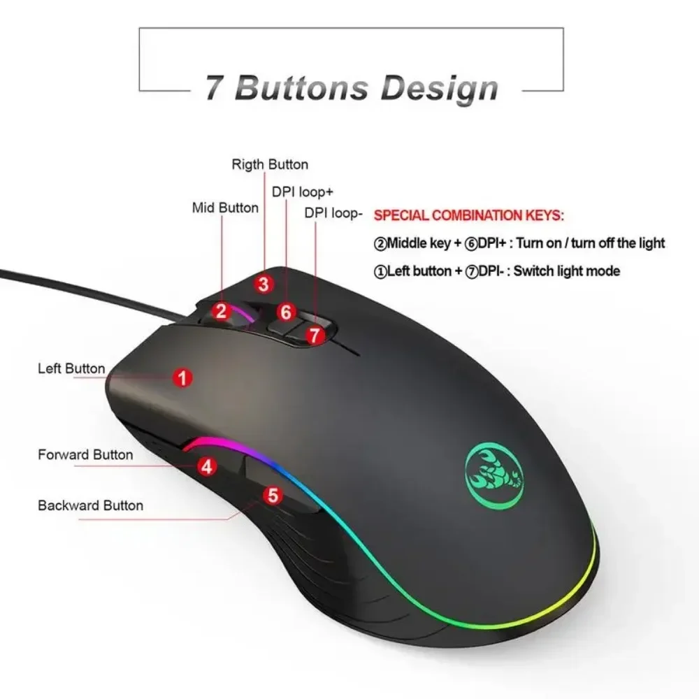 A867 RGB Gaming Mouse Wired Gamer 7 Button 6400DPI RGB Light Optical USB Computer Game Mice with Fire Button for PC Laptop Gamer