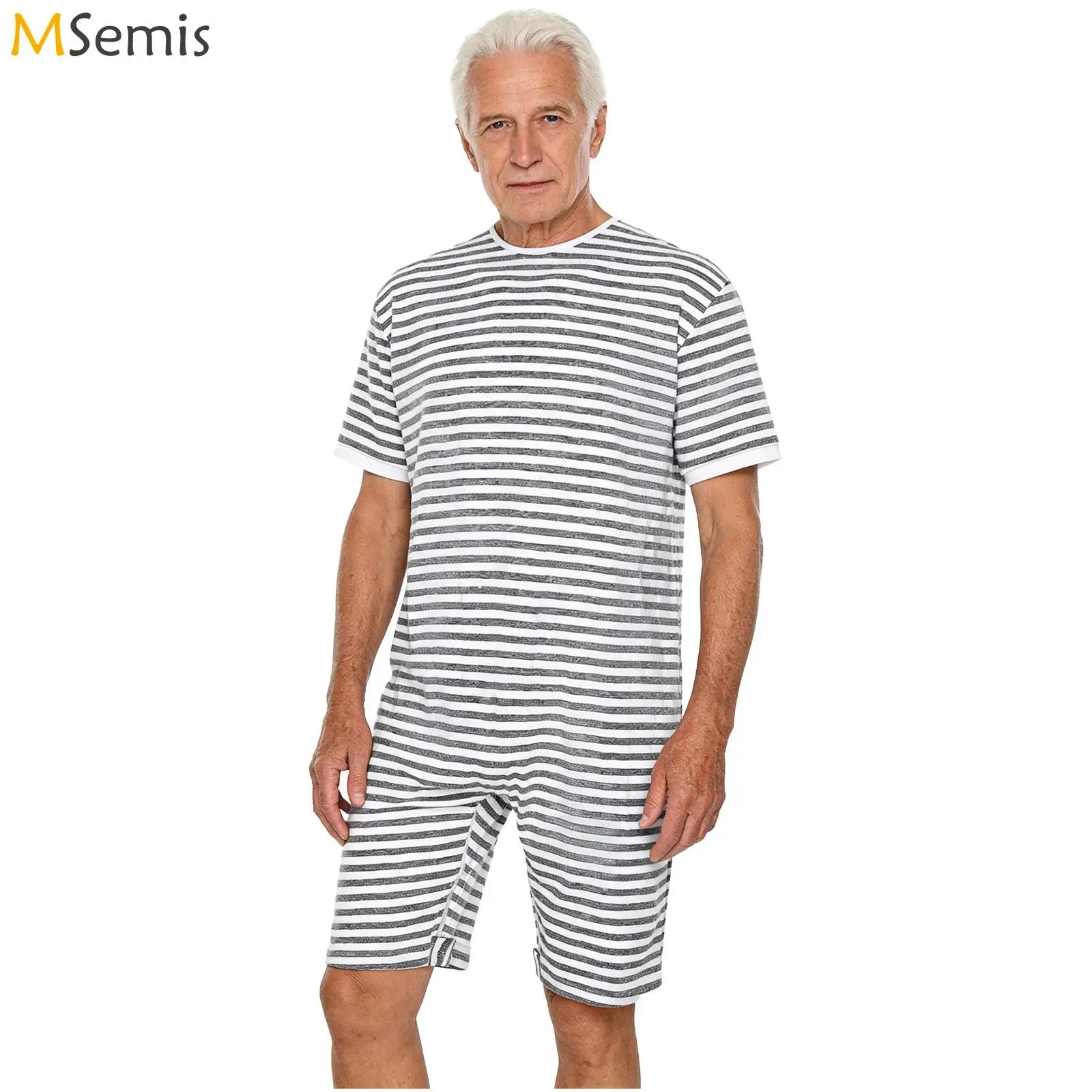 

Adults Mens Elderly Special Needs Anti-strip Romper Jumpsuit Zipper Short Legs Striped Bodysuit for Special Needs Disabilities