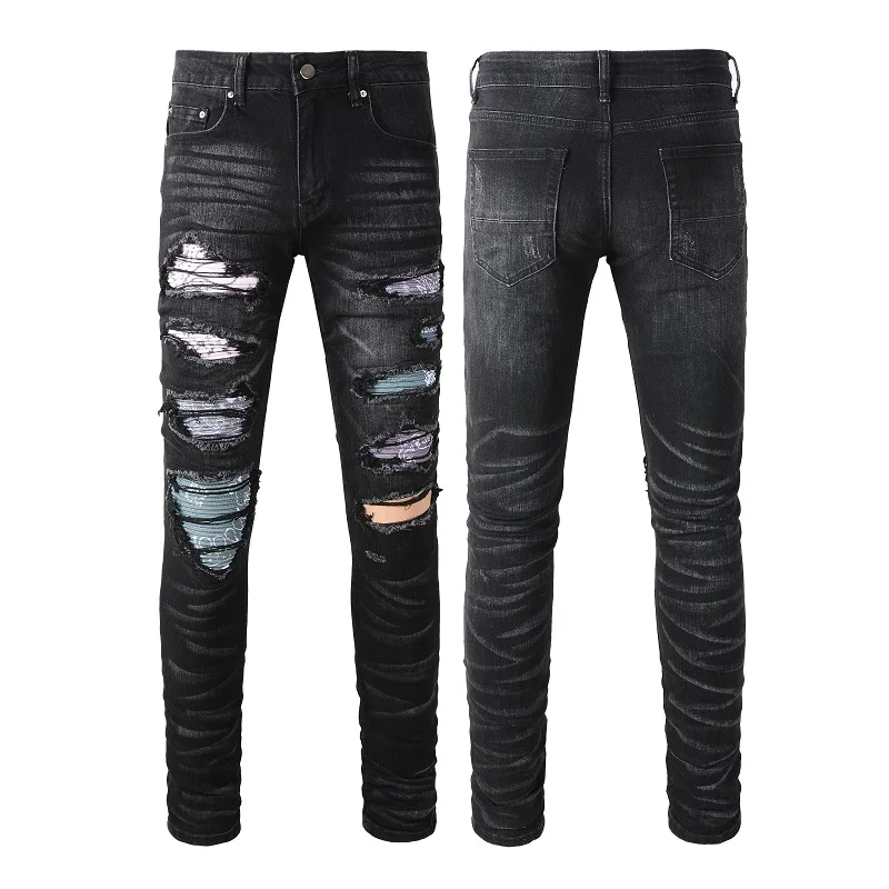 

Men's Street Fashion Printed Ripped Black Jeans Skinny Punk Style Distressed Washed Vintage Brushed Stacked Denim Pants A1334