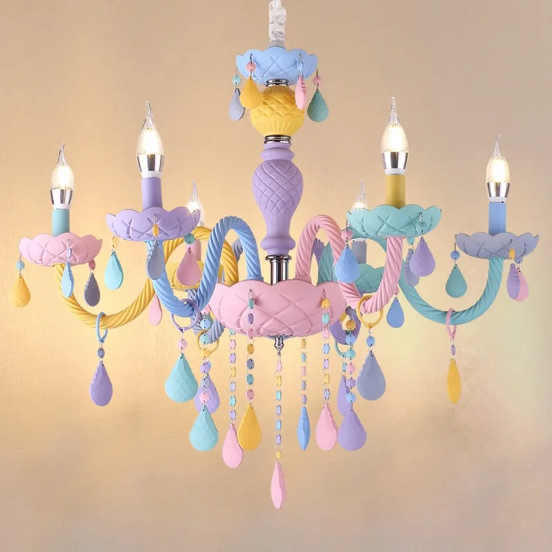 NEW Rainbow Crystal Chandelier European Candle Bedroom Children's Room American Girl Princess Makaron Pendant Chandeliers Light