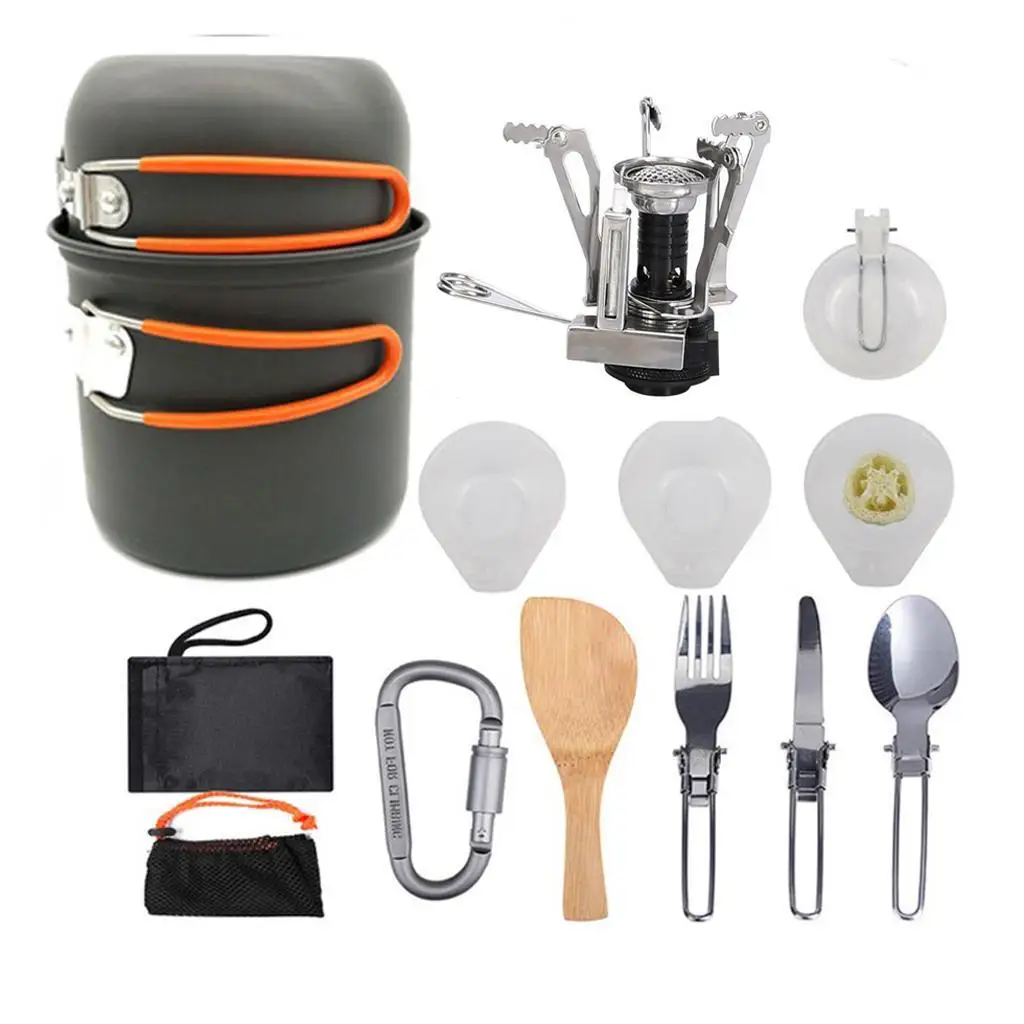 

Набор походной посуды из 11 предметов с кастрюлей, горелкой и карабином