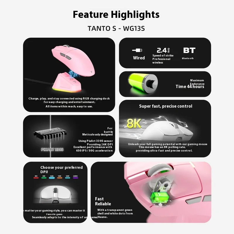 FANTECH WG13 Series ثلاثة أوضاع 1K/8K ماوس ألعاب لاسلكي بلوتوث 2.4G 58g خفيف الوزن PAW3395 PAW3311 مع قاعدة شحن #2