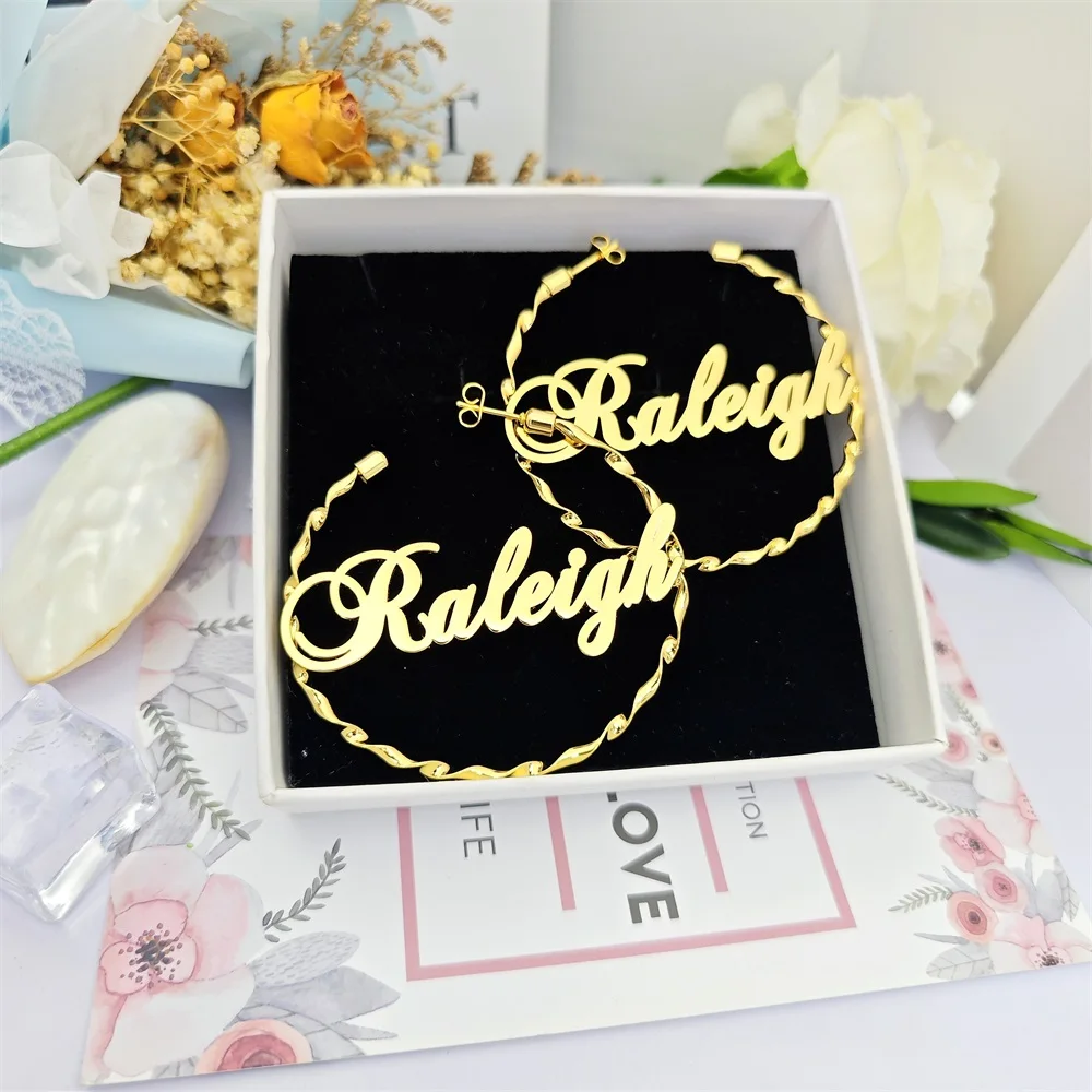 2023 40-90mm Custom Twisted Name Hoop Earring Personalized Stainless Steel Spiral Earring For Women Gifts Jewelry