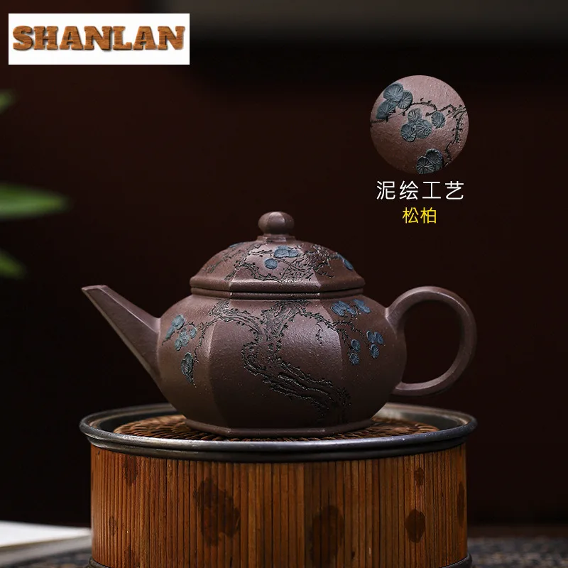 250ml Yixing Purple Clay Teapots Handmade Hexagonal Pot Raw Ore Purple Jade Gold Sand Mud Tea Brewing Kettle Filter Zisha Teaset