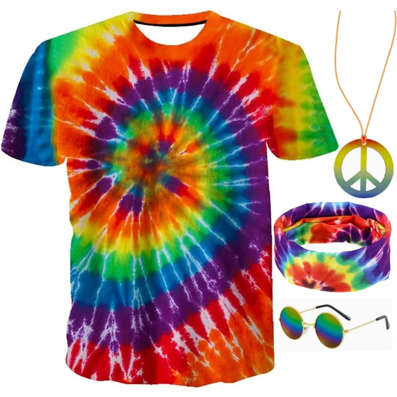 

Gionforsi Tie Dye T-Shirts for Men and Women Hippie Costume Outfit for Men Women 60s 70s Costume Glasses,headscarf, necklace set